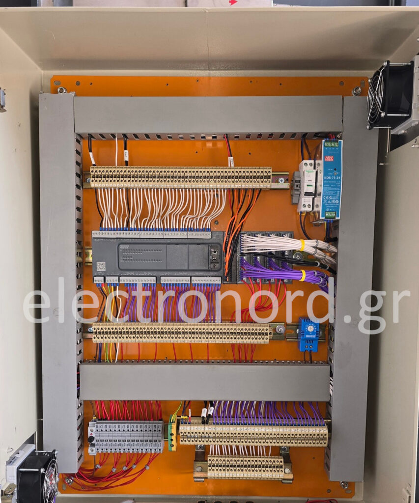 Κεντρικός πίνακας PLC της Schneider Electric TM200C60R με αναλογική και ψηφιακές κάρτες επέκτασης.